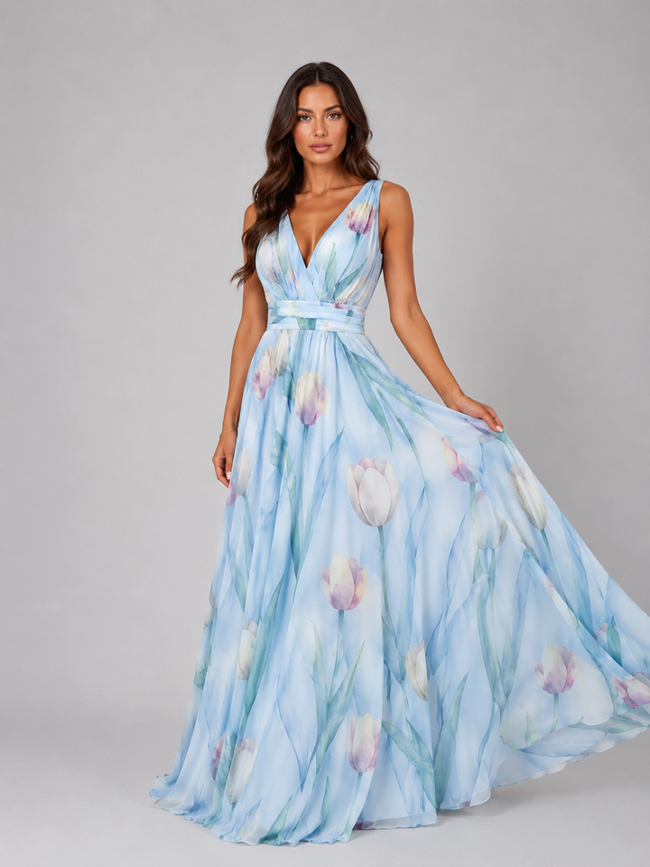Women’s Floral Maxi Dress with Cinched Waist