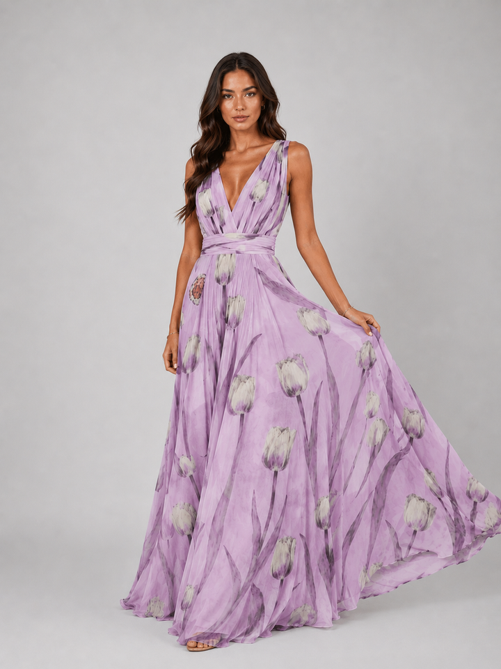 Women’s Floral Maxi Dress with Cinched Waist