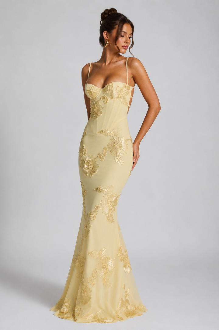 Women’s Floral Maxi Dress with Corset Bodice