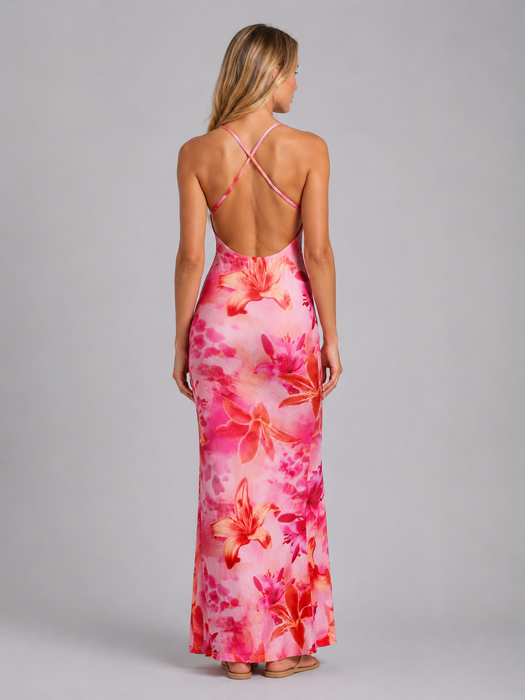 Women’s Floral Maxi Dress with Draped Neckline