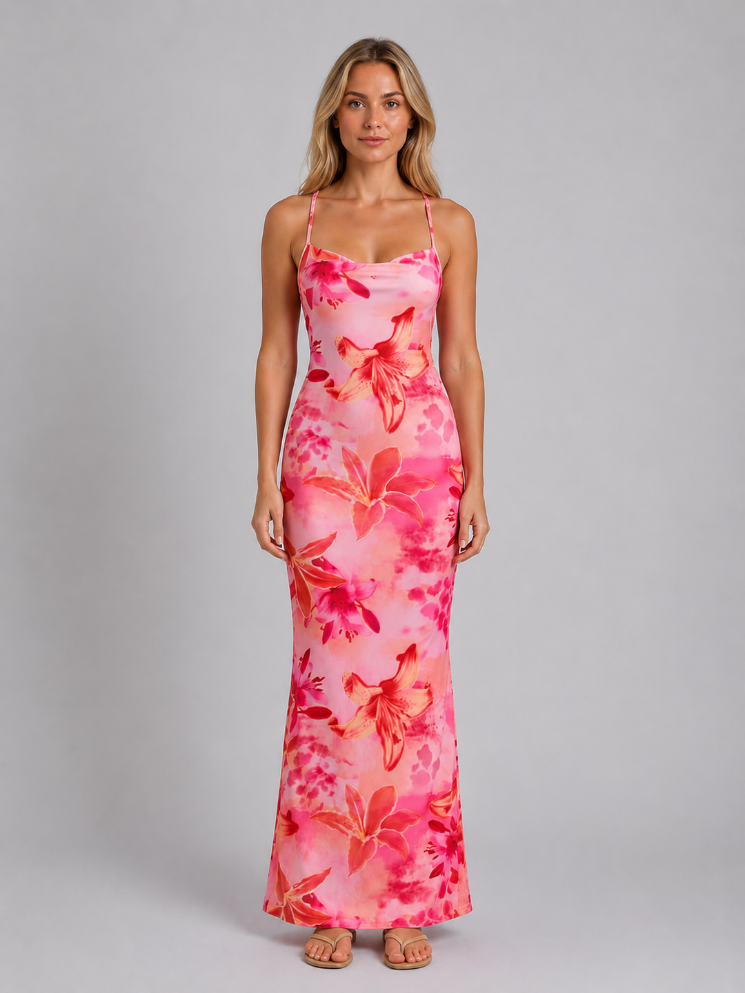 Women’s Floral Maxi Dress with Draped Neckline