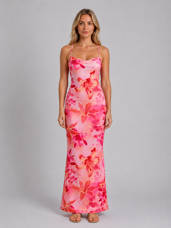 Women’s Floral Maxi Dress with Draped Neckline