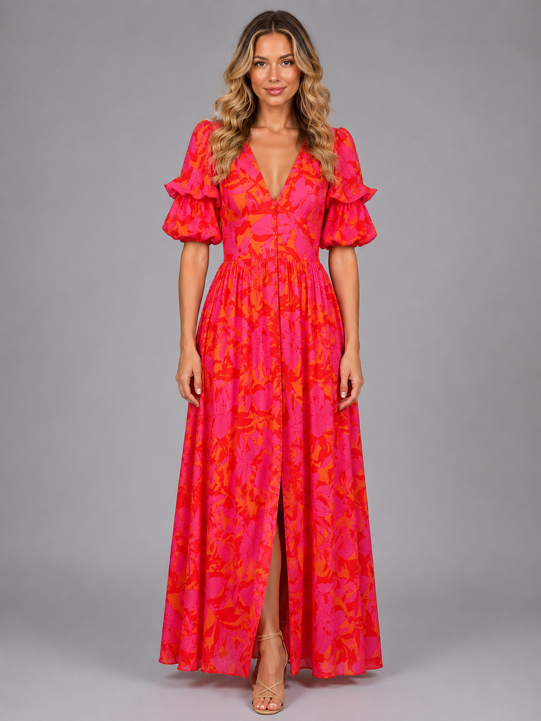 Women’s Floral Maxi Dress with Puff Sleeve