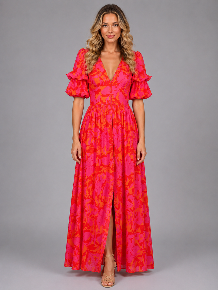 Women’s Floral Maxi Dress with Puff Sleeve