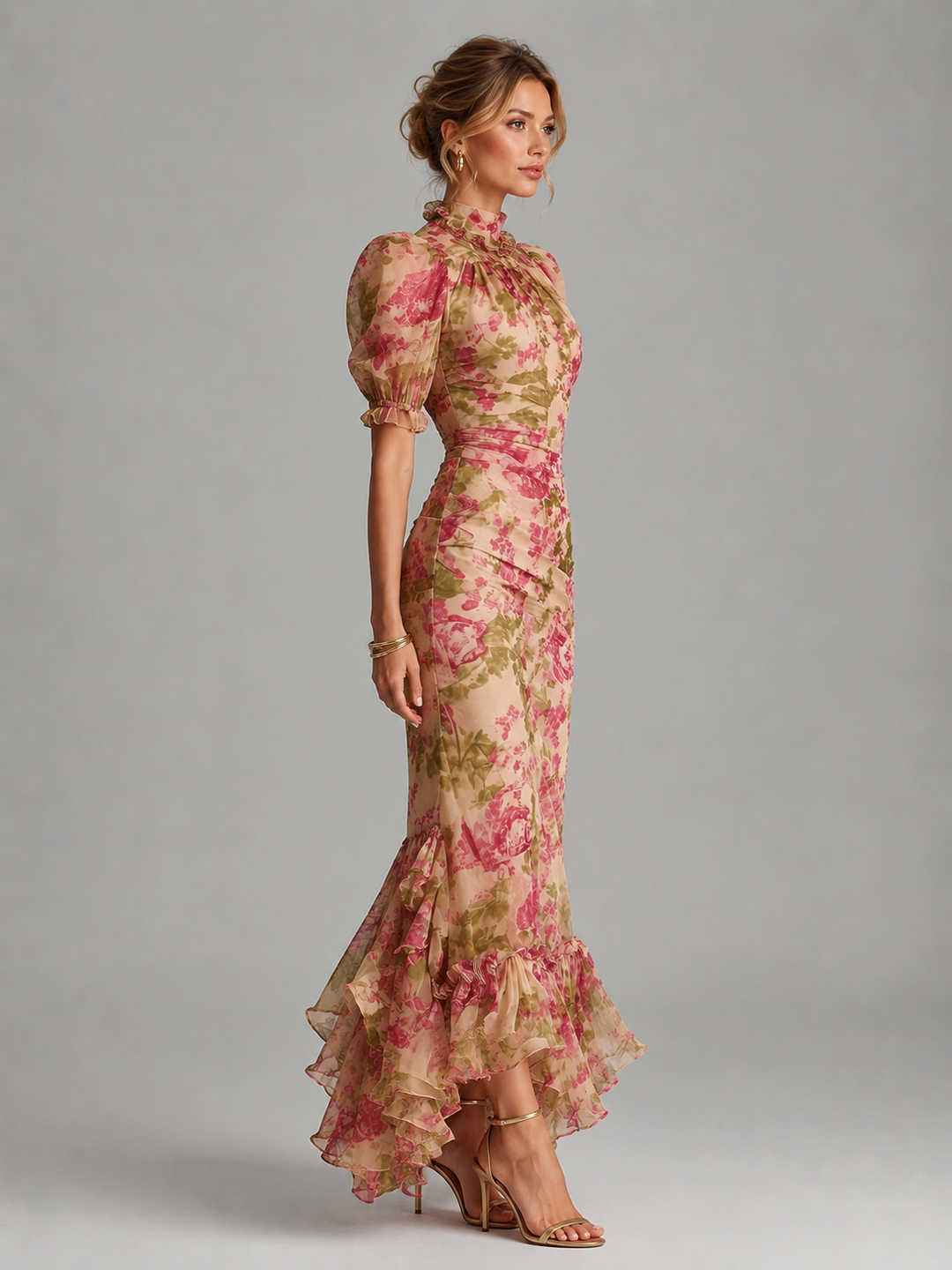Women’s Floral Maxi Dress with Puff Sleeves