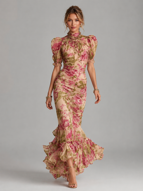Women’s Floral Maxi Dress with Puff Sleeves