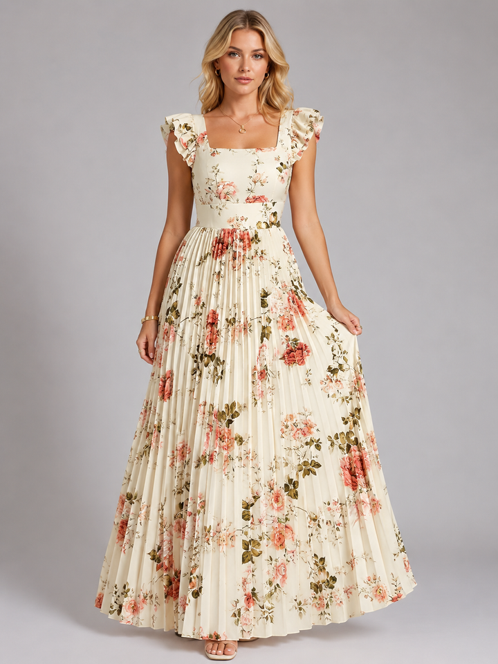 Women's Floral Maxi Dress with Ruffle Sleeves