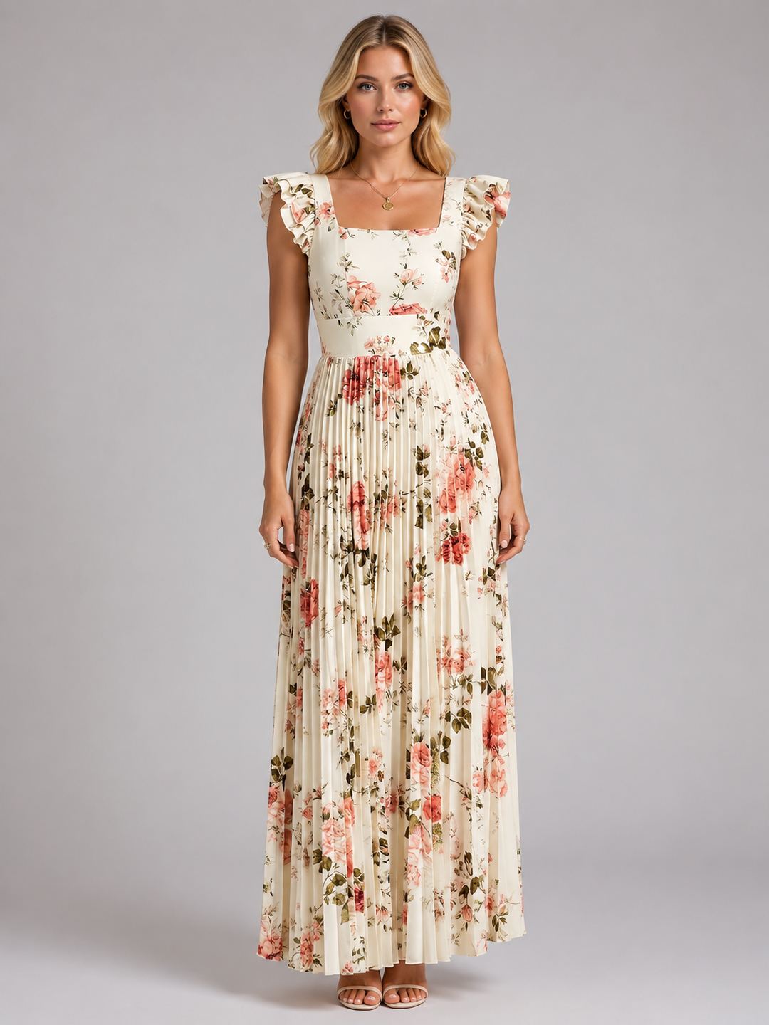 Women's Floral Maxi Dress with Ruffle Sleeves