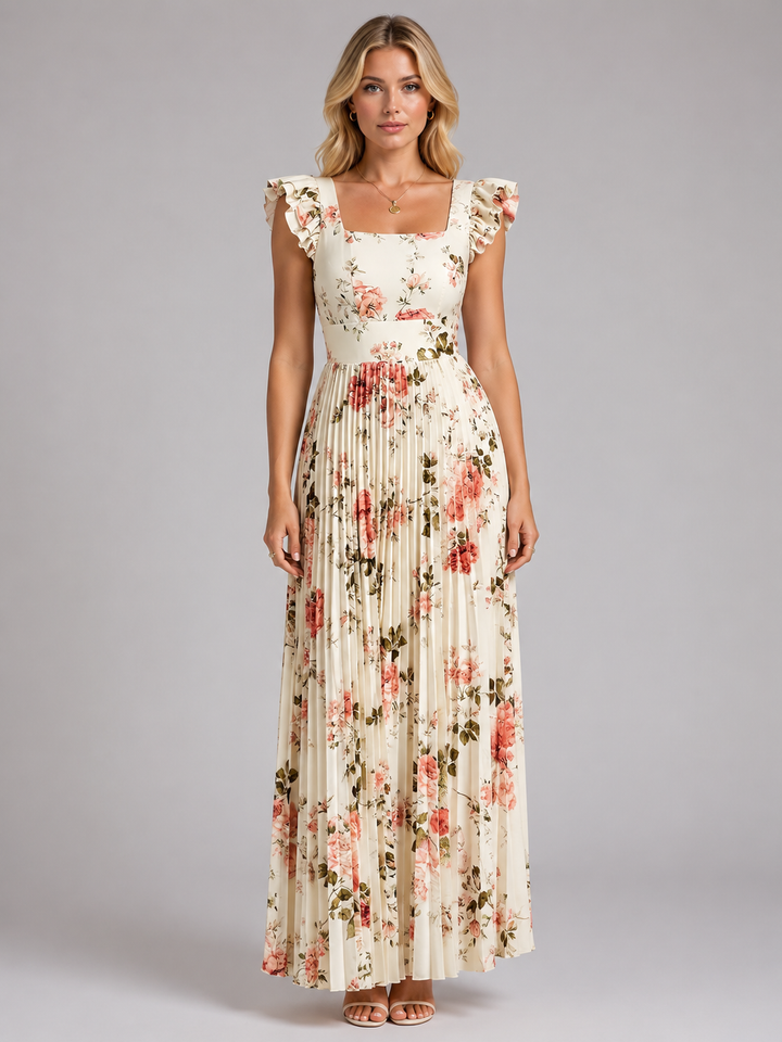 Women's Floral Maxi Dress with Ruffle Sleeves