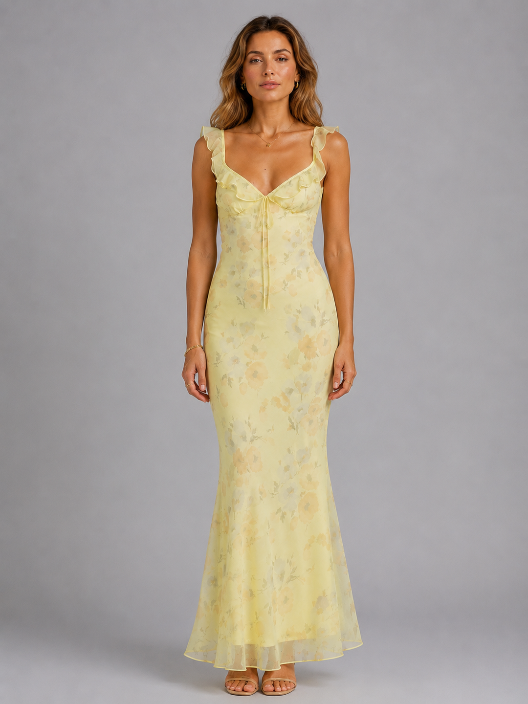 Women's Floral Maxi Dress with Ruffle Straps