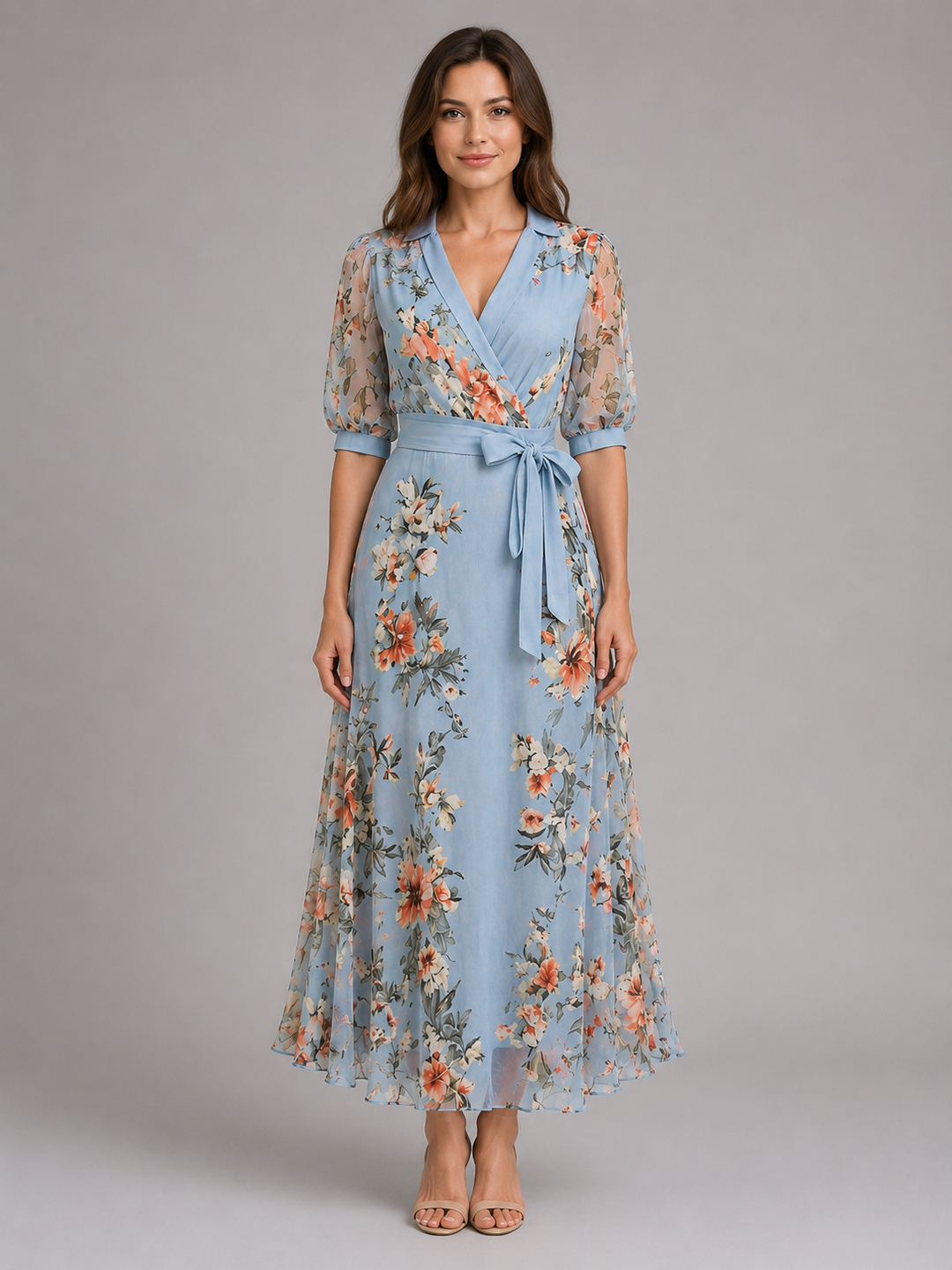 Women’s Floral Maxi Dress with Waist Tie Fit