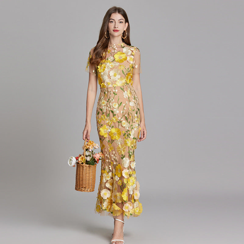 Women’s Floral Midi Dress with 3D Appliqué