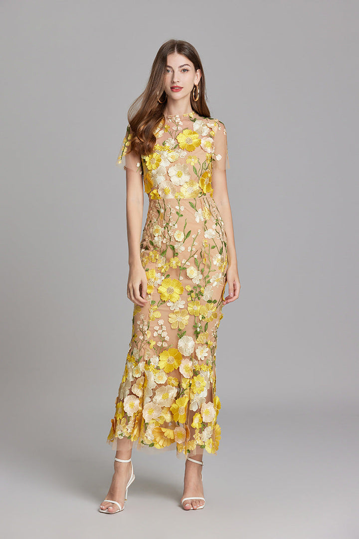 Women’s Floral Midi Dress with 3D Appliqué