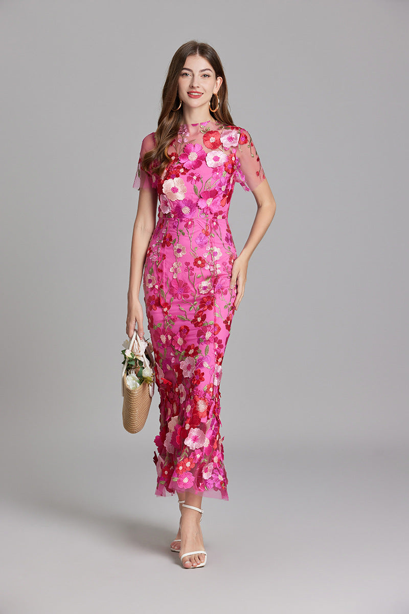 Women’s Floral Midi Dress with 3D Appliqué