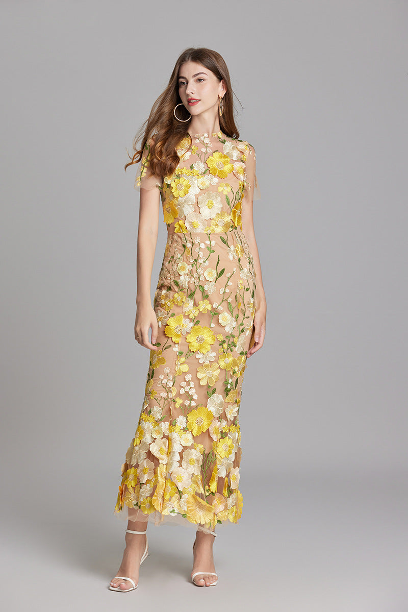 Women’s Floral Midi Dress with 3D Appliqué