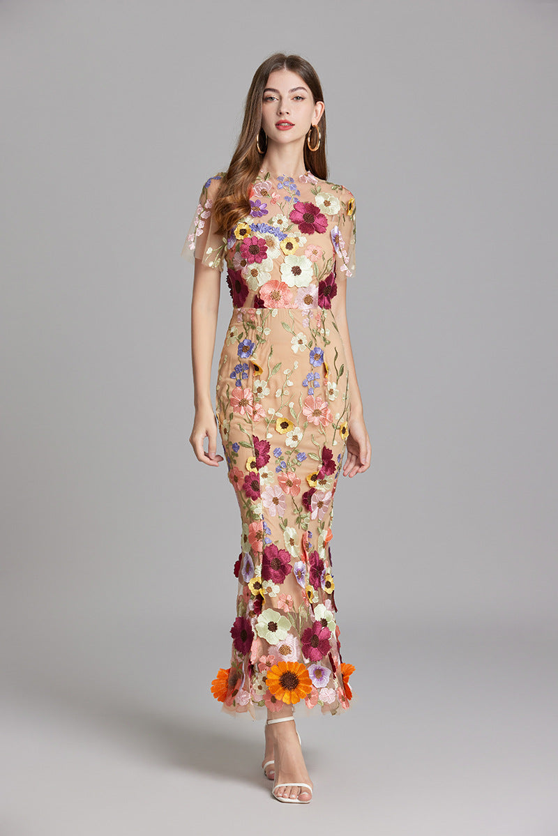 Women’s Floral Midi Dress with 3D Appliqué