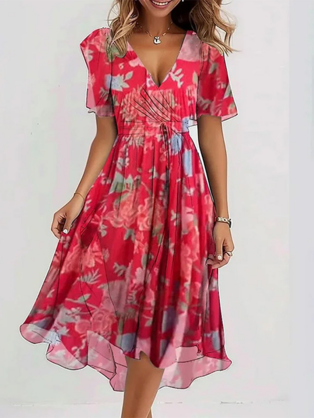 Women's Floral Midi Dress with Belly Cover for Summer Day Outing