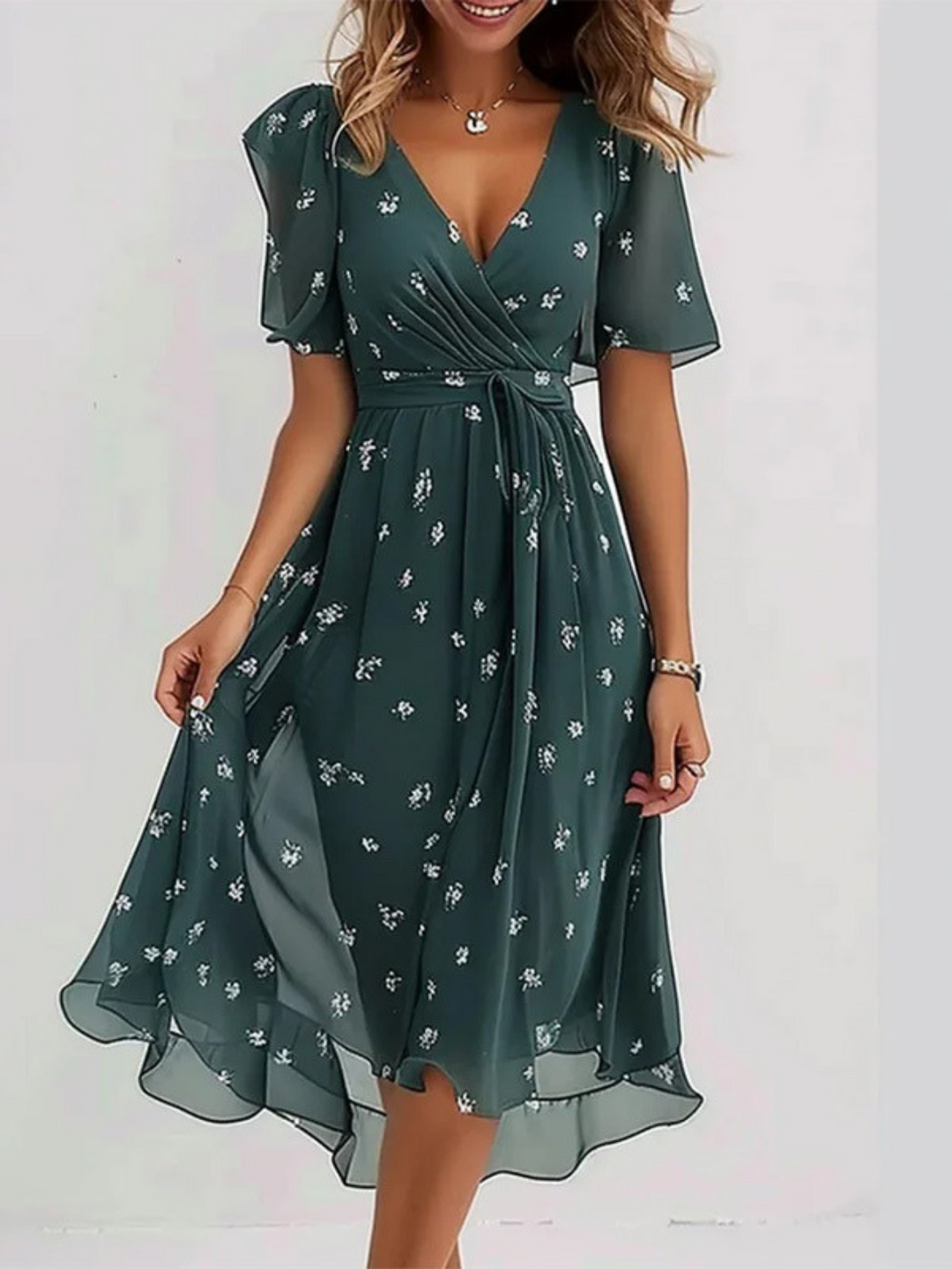 Women's Floral Midi Dress with Belly Cover for Summer Day Outing