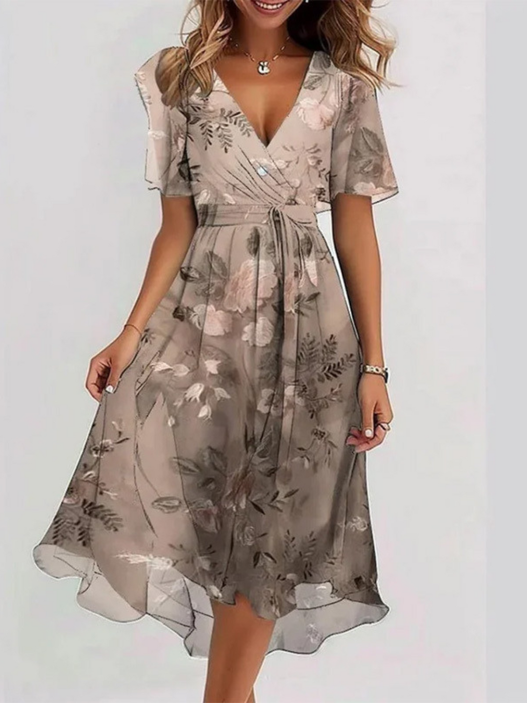 Women's Floral Midi Dress with Belly Cover for Summer Day Outing
