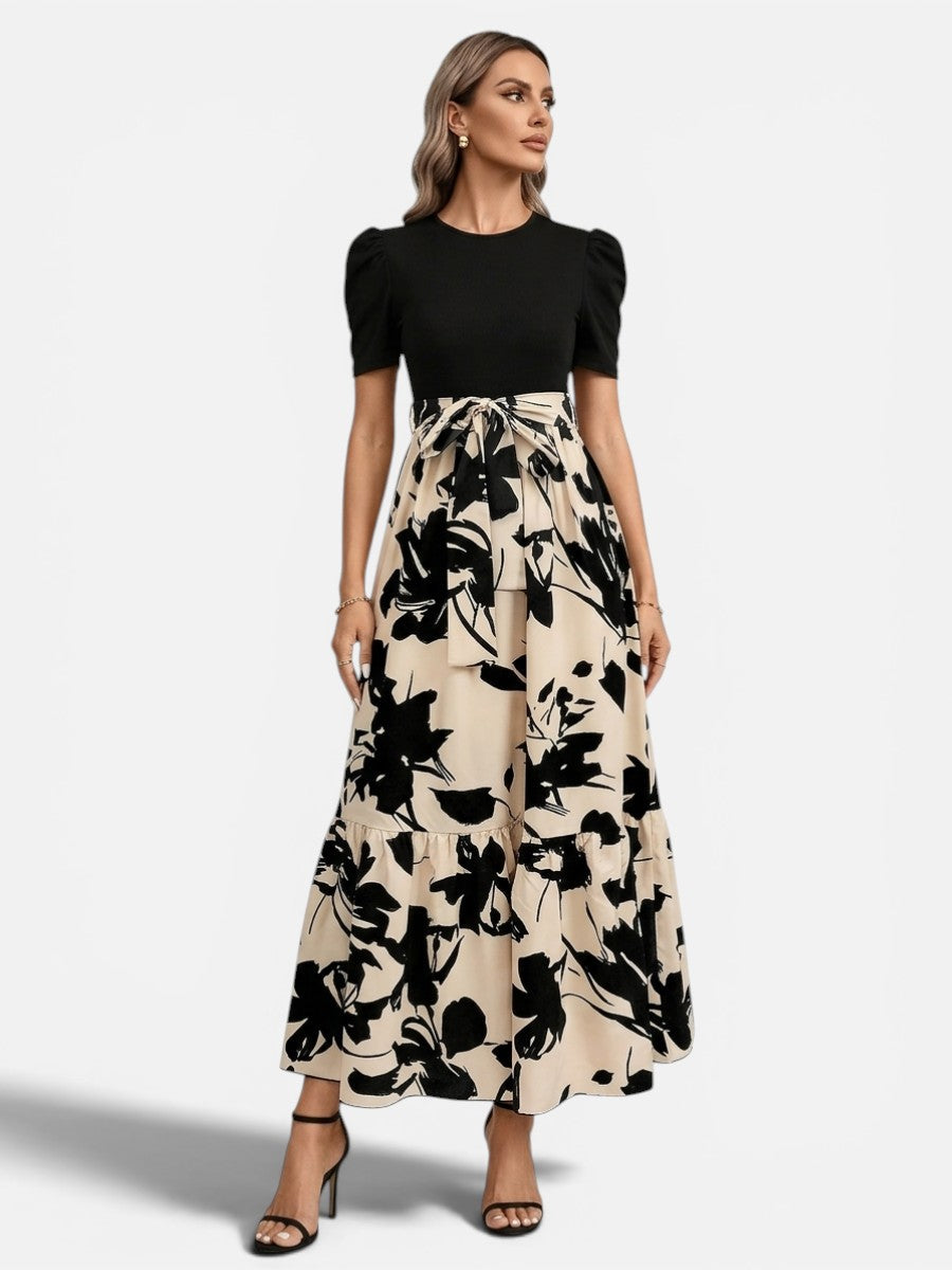 Women’s Floral Midi Dress with Belted Waist