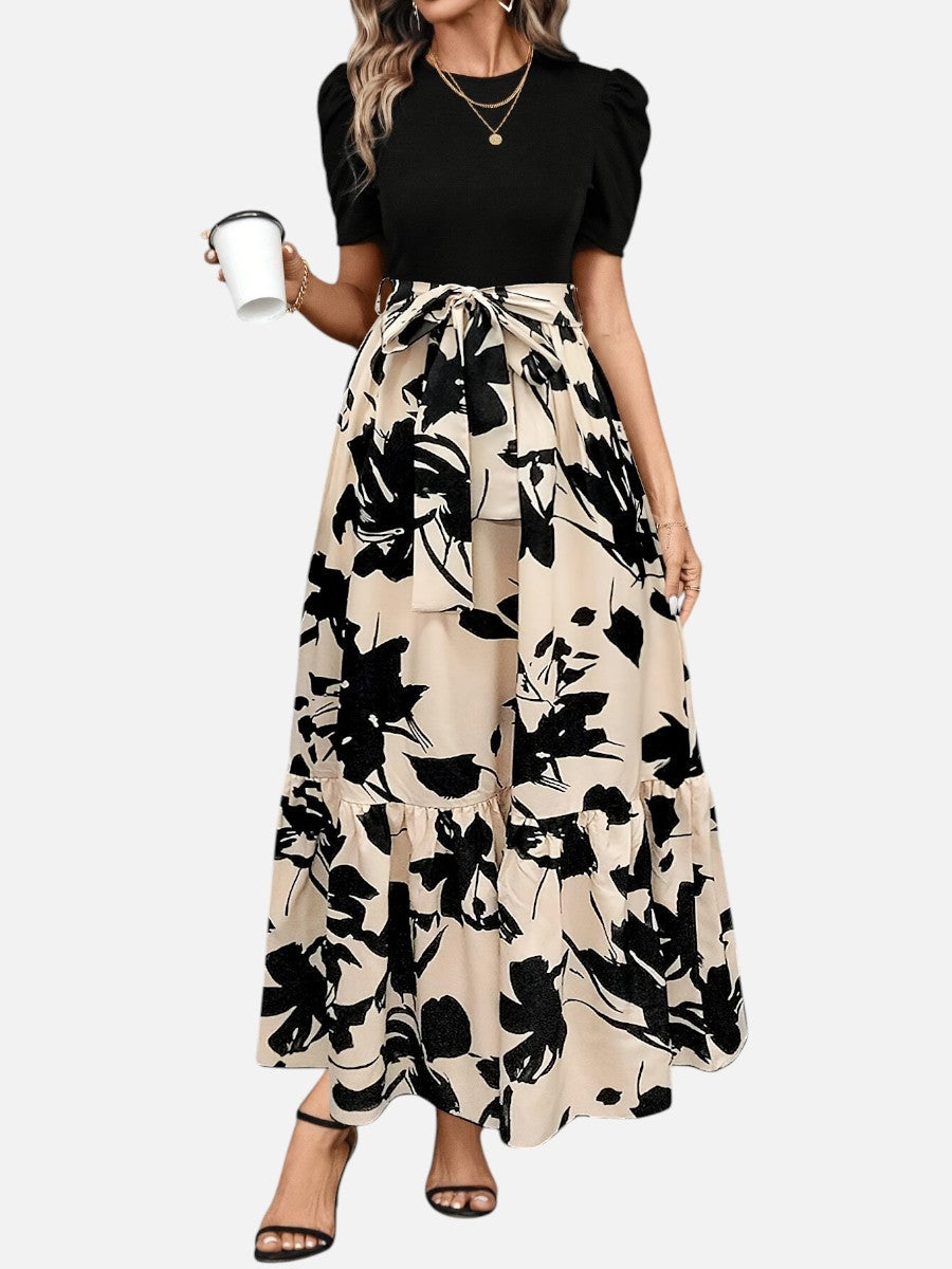 Women’s Floral Midi Dress with Belted Waist