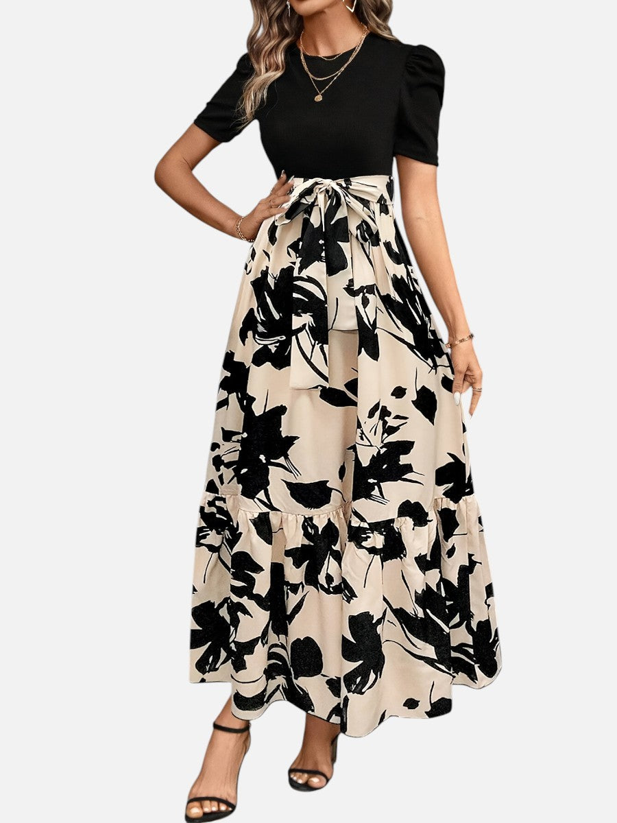 Women’s Floral Midi Dress with Belted Waist