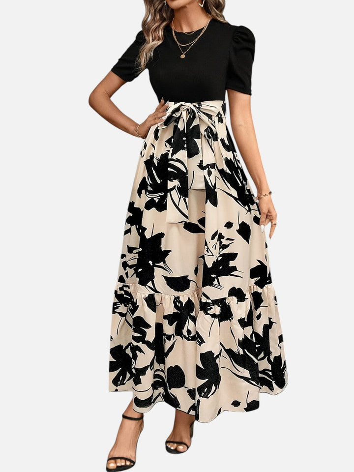 Women’s Floral Midi Dress with Belted Waist