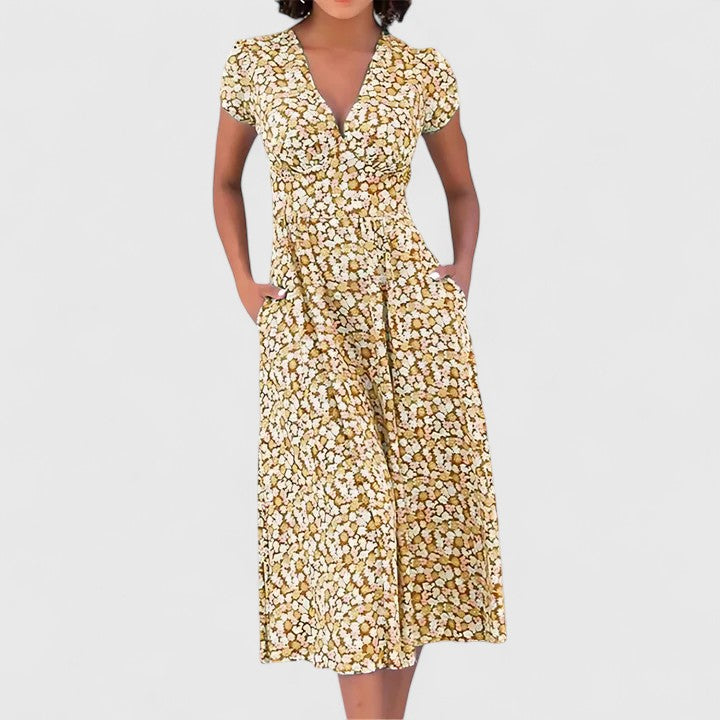 Women's Floral Midi Dress with Heart-Neckline for Casual
