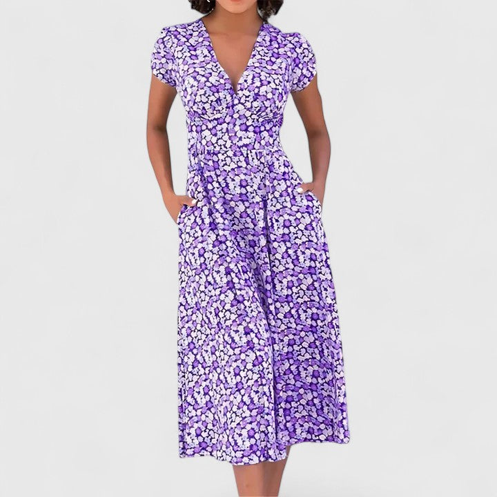 Women's Floral Midi Dress with Heart-Neckline for Casual