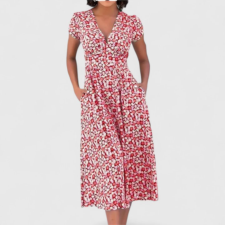 Women's Floral Midi Dress with Heart-Neckline for Casual