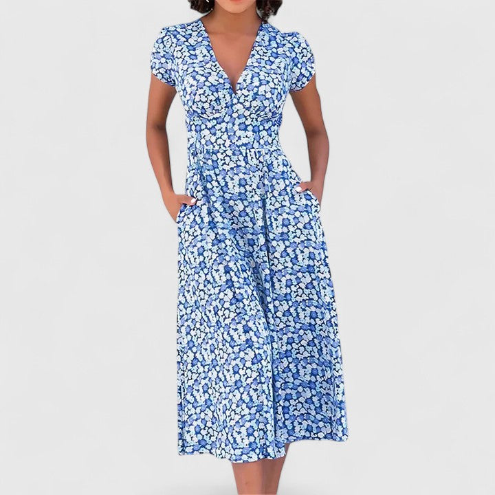 Women's Floral Midi Dress with Heart-Neckline for Casual