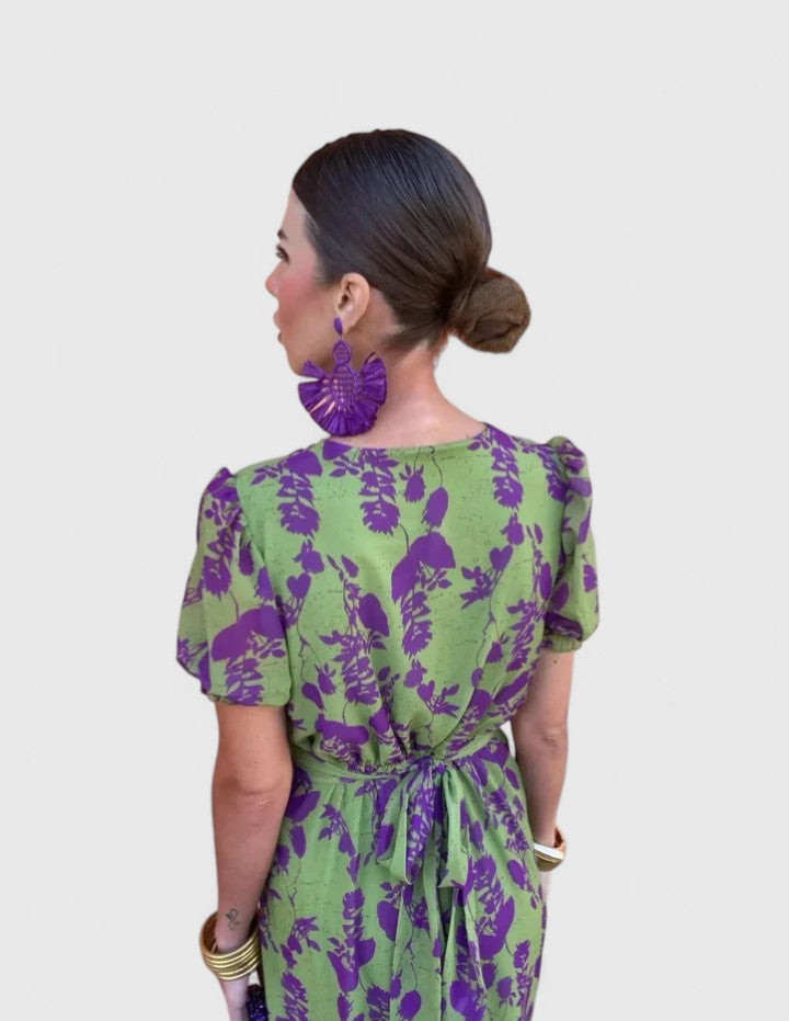 Women's Floral Midi Dress with Puff Sleeves for Summer Events