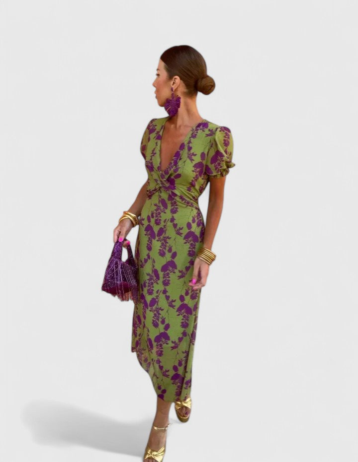 Women's Floral Midi Dress with Puff Sleeves for Summer Events