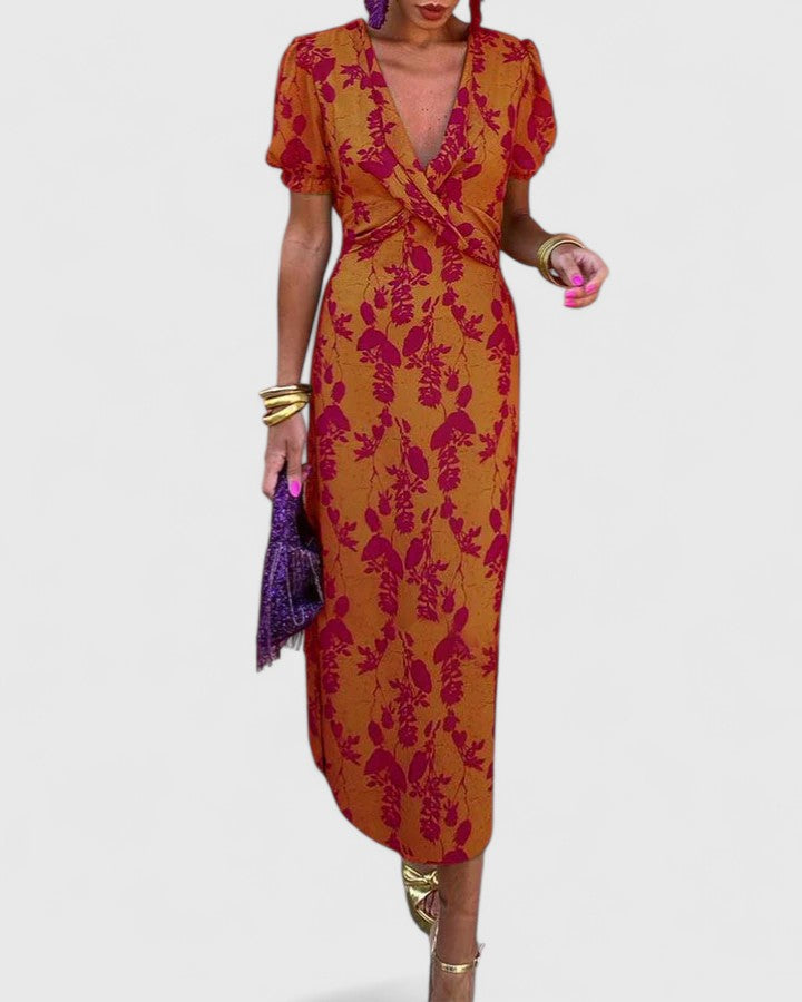 Women's Floral Midi Dress with Puff Sleeves for Summer Events