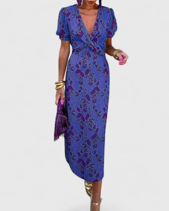 Women's Floral Midi Dress with Puff Sleeves for Summer Events