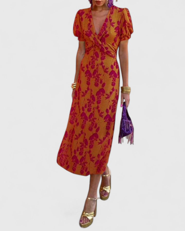 Women's Floral Midi Dress with Puff Sleeves for Summer Events
