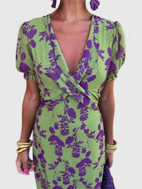 Women's Floral Midi Dress with Puff Sleeves for Summer Events