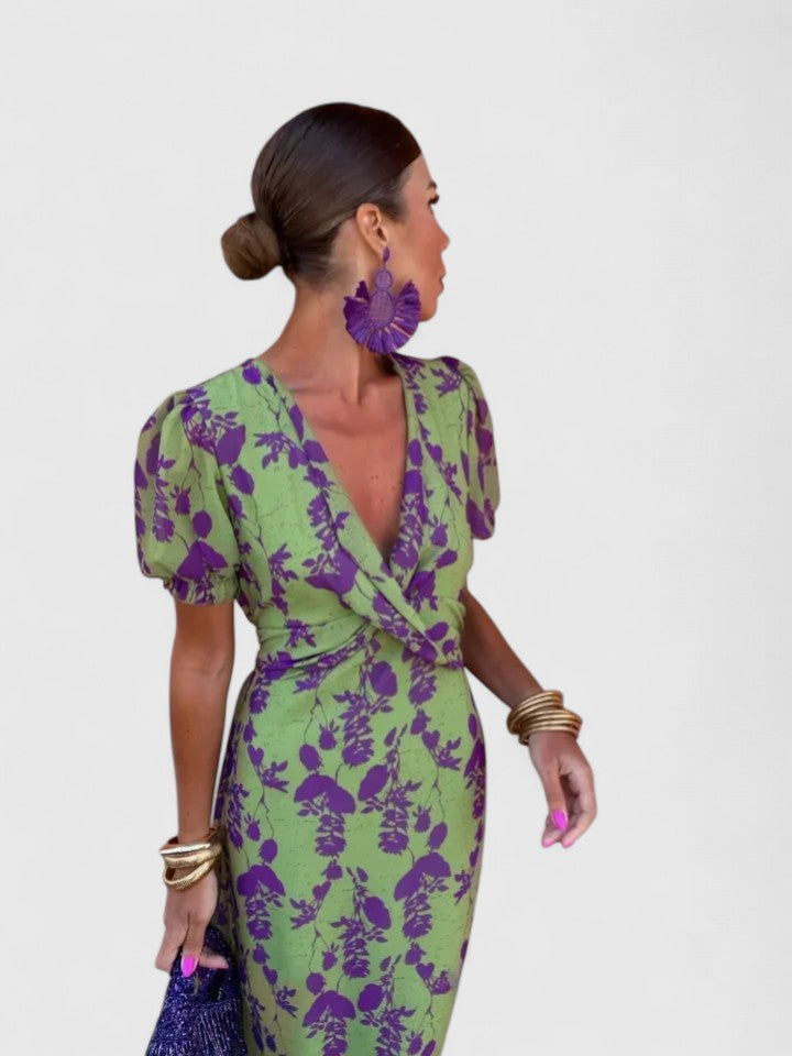 Women's Floral Midi Dress with Puff Sleeves for Summer Events