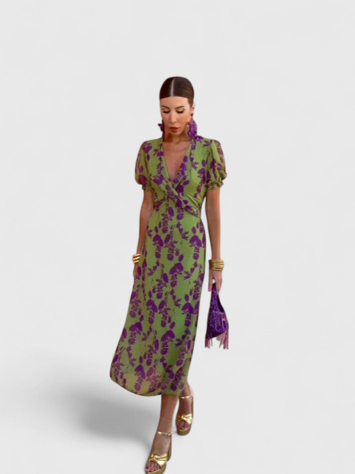 Women's Floral Midi Dress with Puff Sleeves for Summer Events