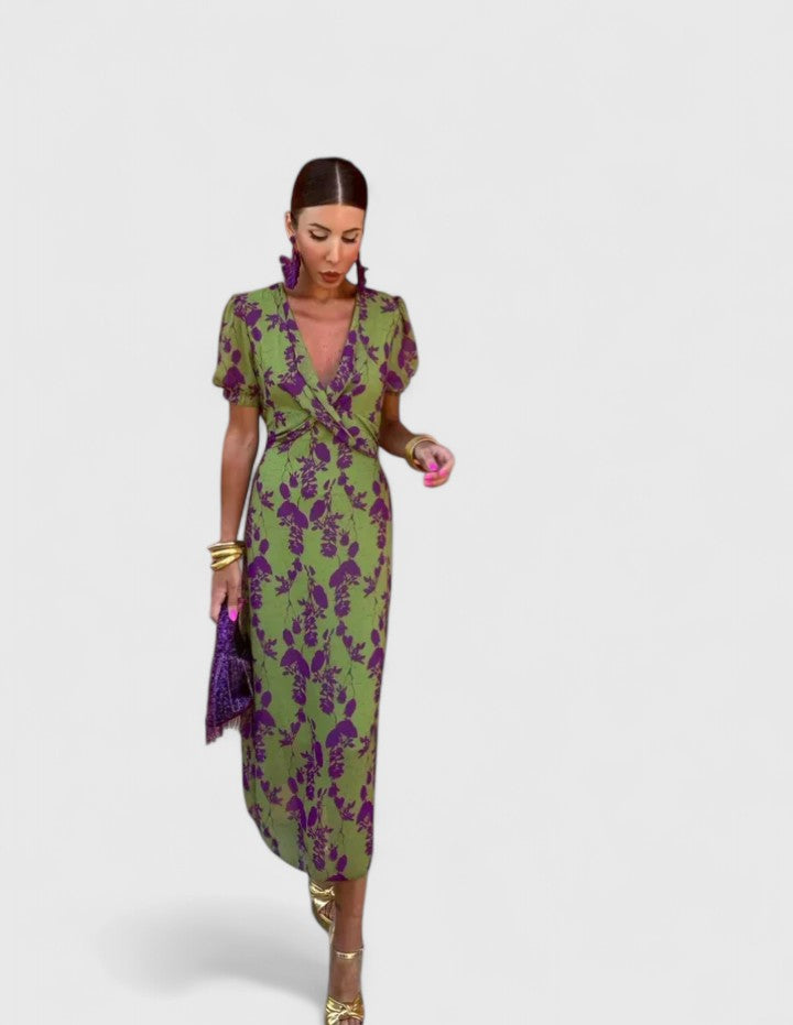 Women's Floral Midi Dress with Puff Sleeves for Summer Events