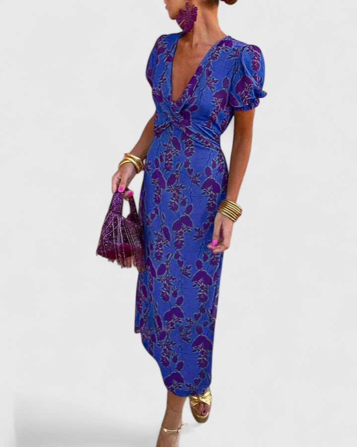 Women's Floral Midi Dress with Puff Sleeves for Summer Events
