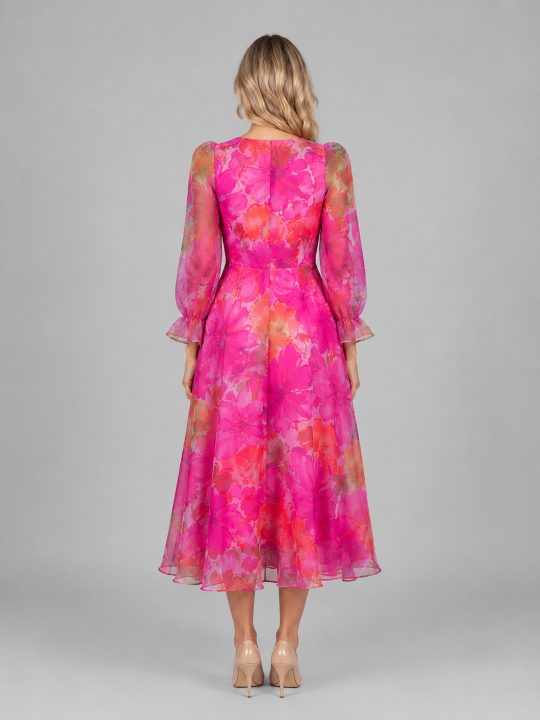 Women’s Floral Midi Dress with Sheer Sleeves