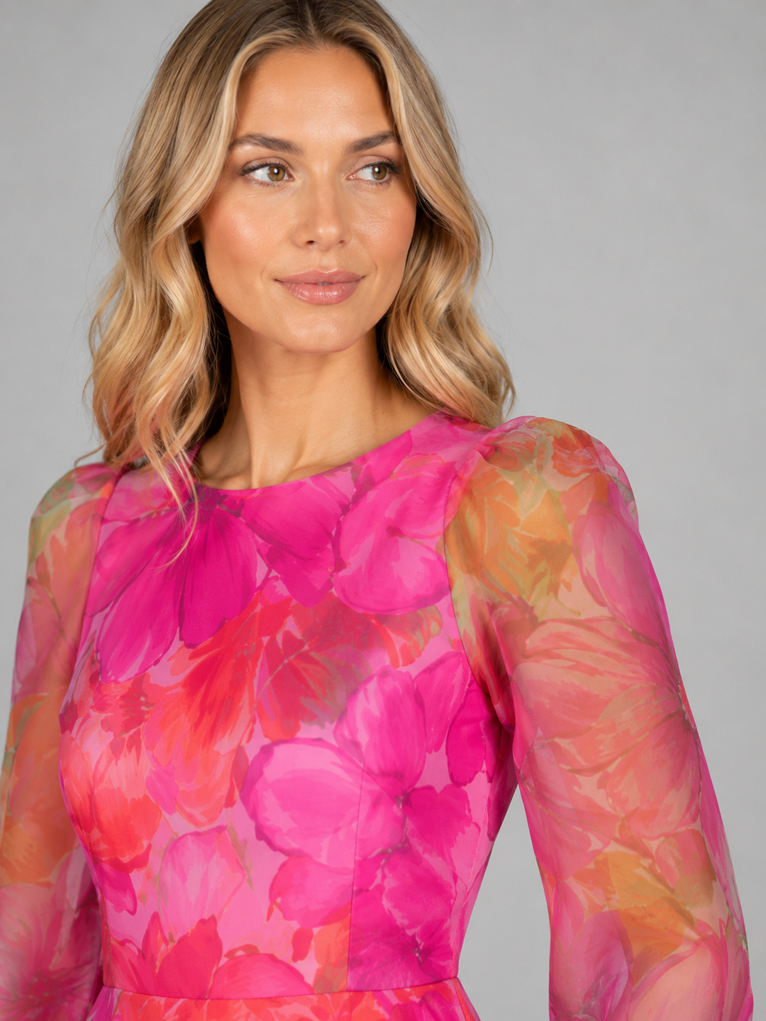 Women’s Floral Midi Dress with Sheer Sleeves