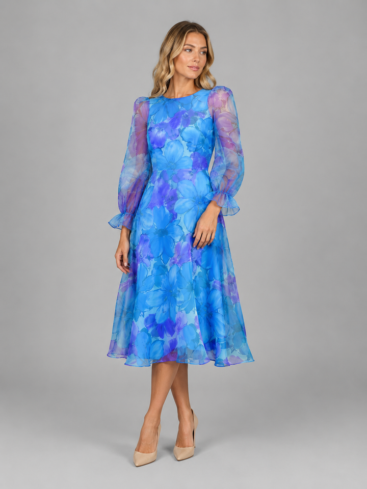 Women’s Floral Midi Dress with Sheer Sleeves