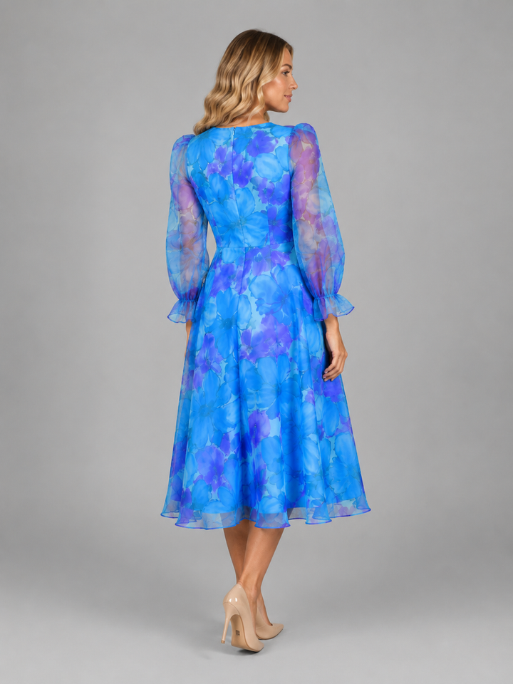 Women’s Floral Midi Dress with Sheer Sleeves