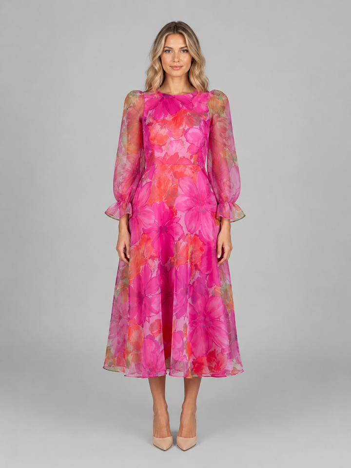Women’s Floral Midi Dress with Sheer Sleeves