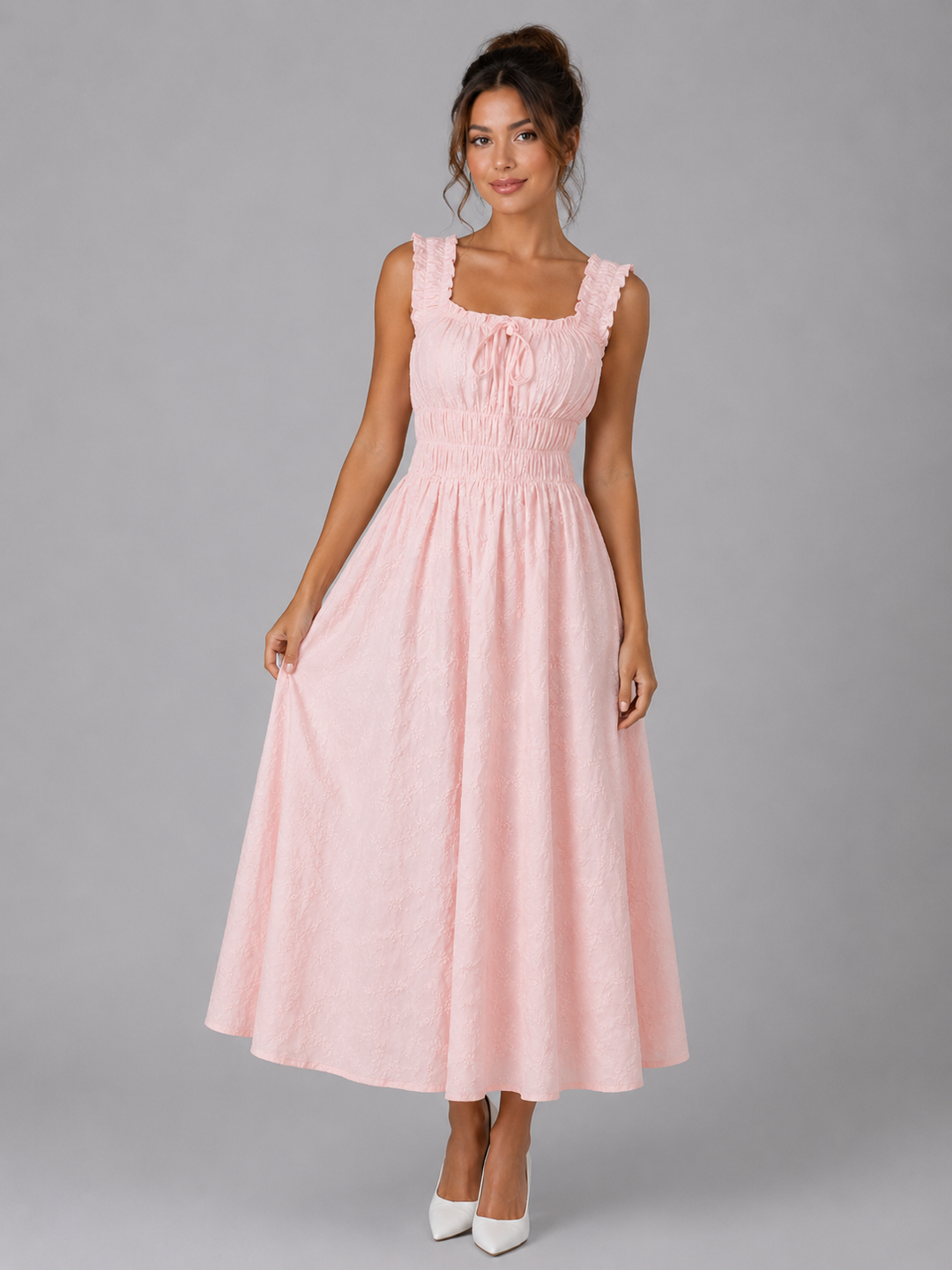 Women's Floral Midi Dress with Shirred Waist