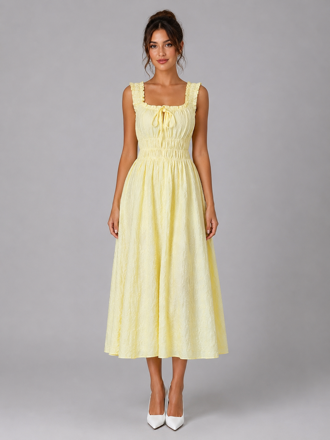 Women's Floral Midi Dress with Shirred Waist