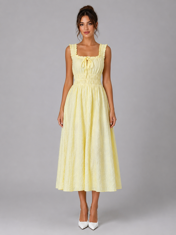 Women's Floral Midi Dress with Shirred Waist