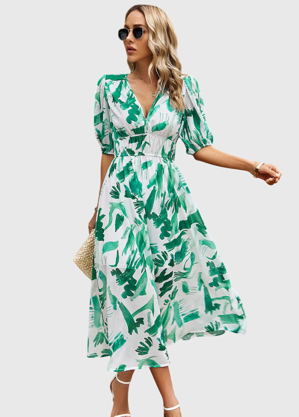 Women's Floral Midi Dress with Smocked Waist Garden Party